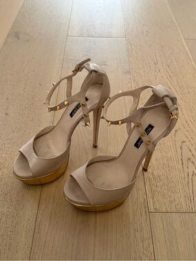 Ruthie Davis Beige Leather Platform Ankle-Strap Heels with Gold Studs